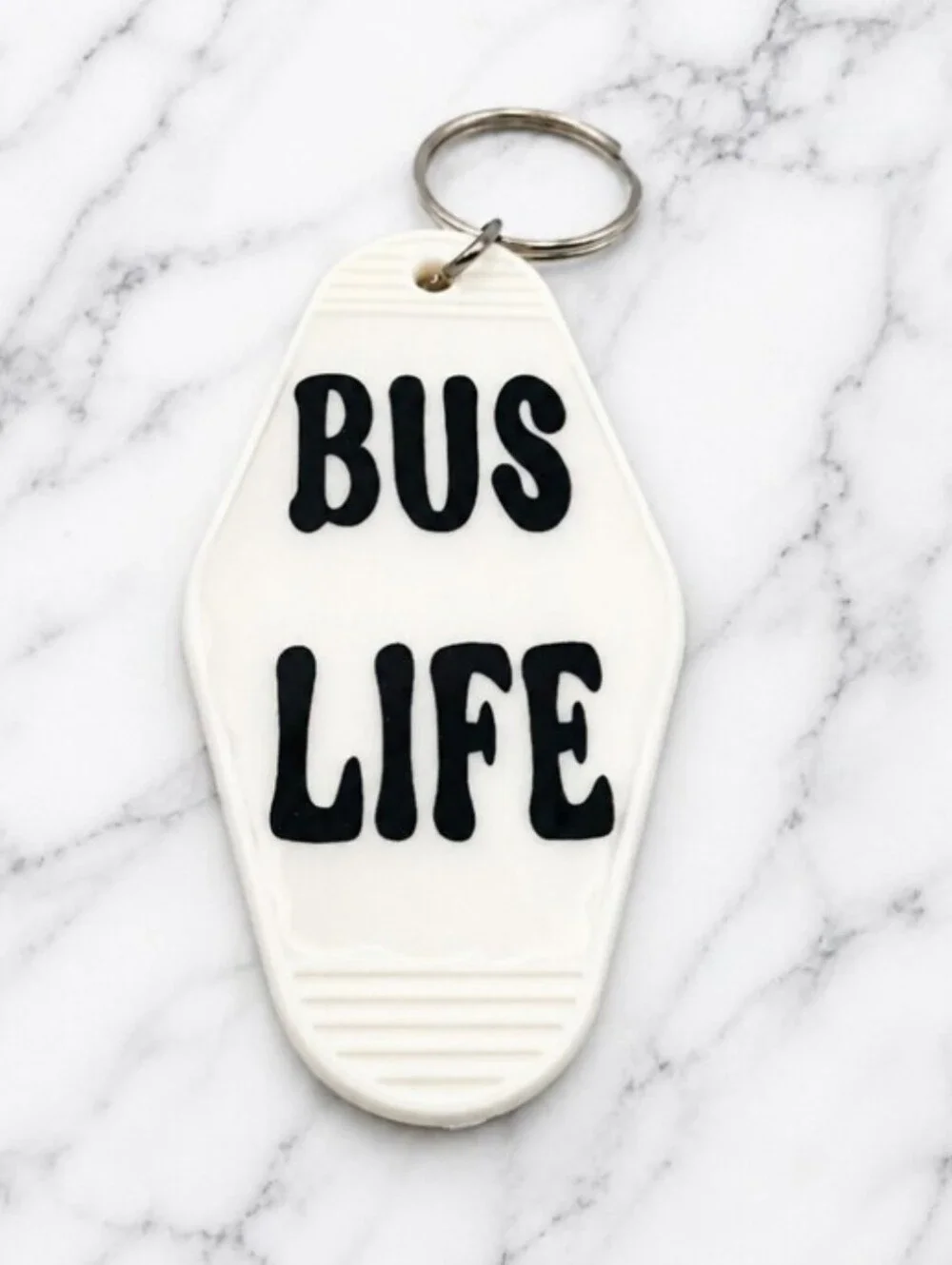Bus Life White Keychain with Black Lettering